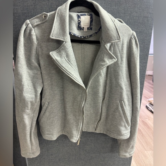 LC Lauren Conrad Heather Gray Asymmetrical Zip Puffed-Sleeve Moto Jacket, Large - Picture 3 of 6